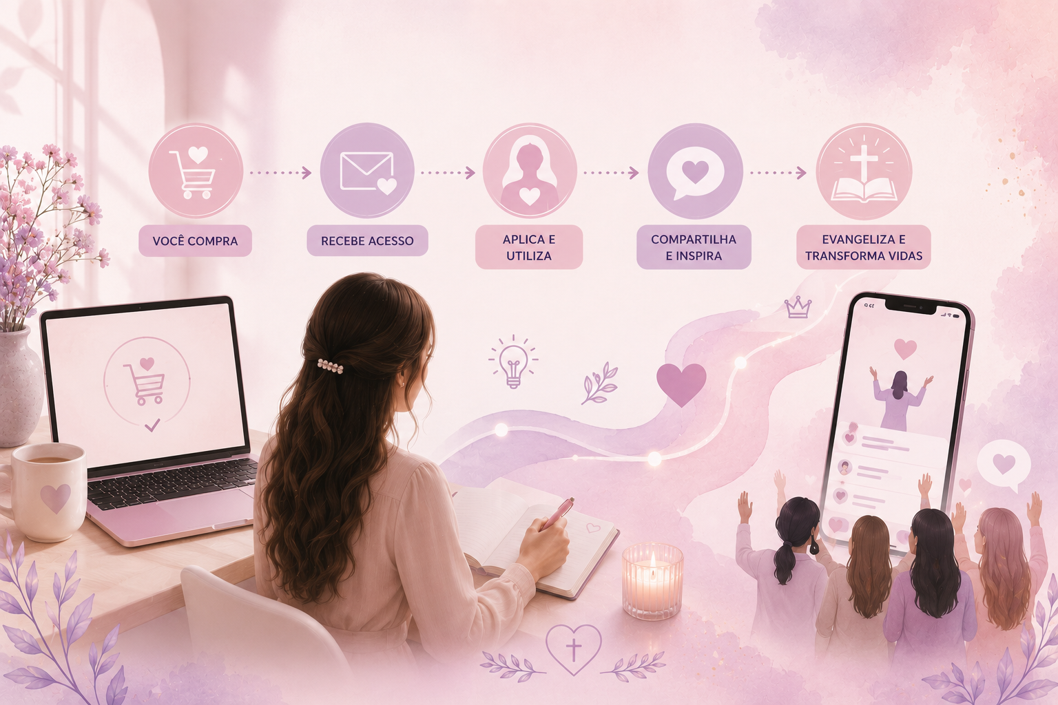 Bíblia aberta, devocional e tablet com conteúdo cristão sobre mesa clara
